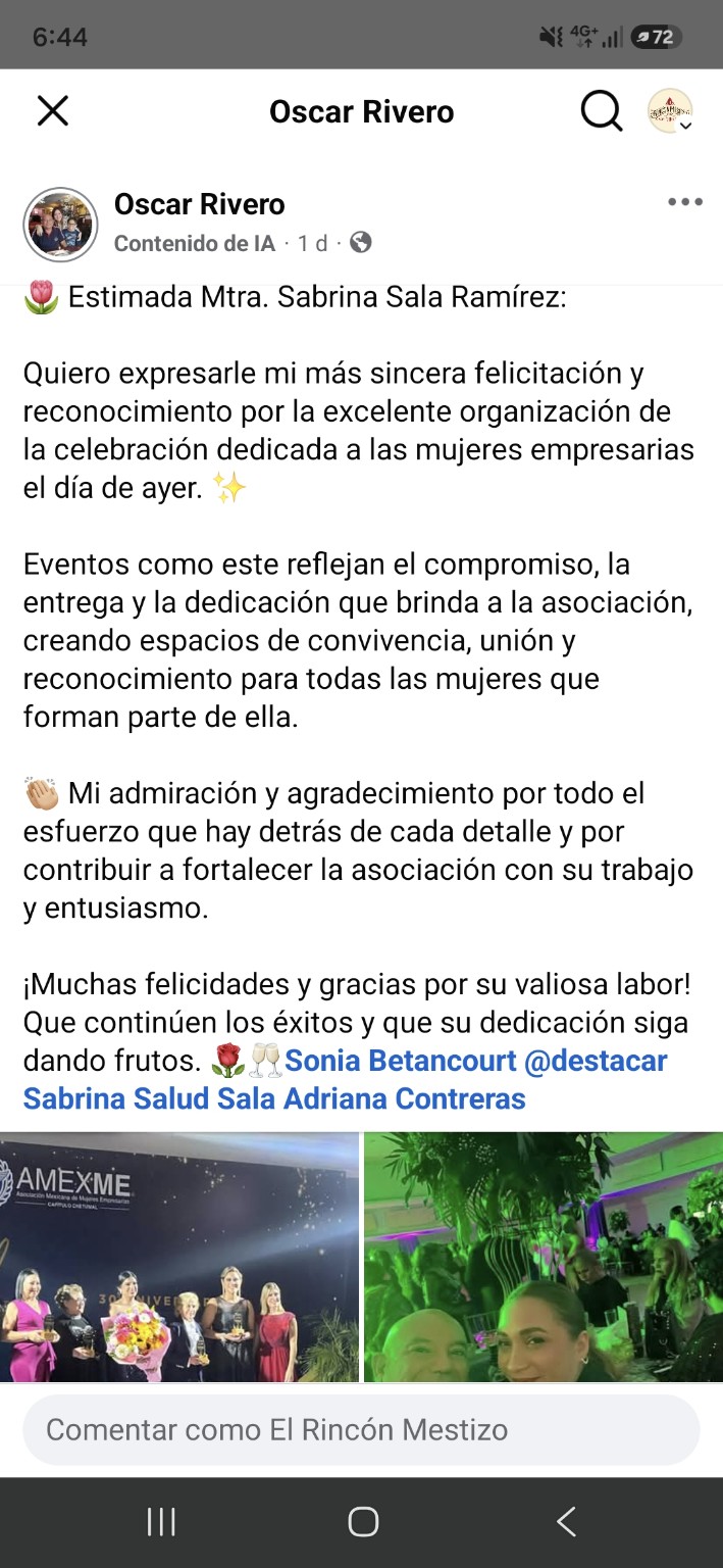 Felicitación de Óscar Rivero a Sabrina Sala Ramírez por la organización de la celebración de Amexme