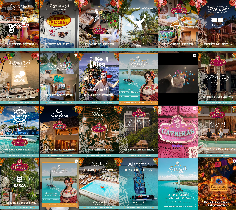 Mosaico de publicaciones y establecimientos participantes del Festival Pirata de las Catrinas